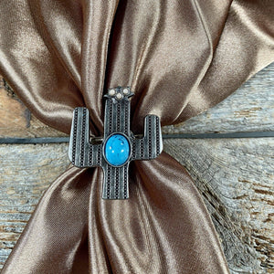 Antiqued Silver Turquoise Cactus Western Scarf Slide or Tee Clip