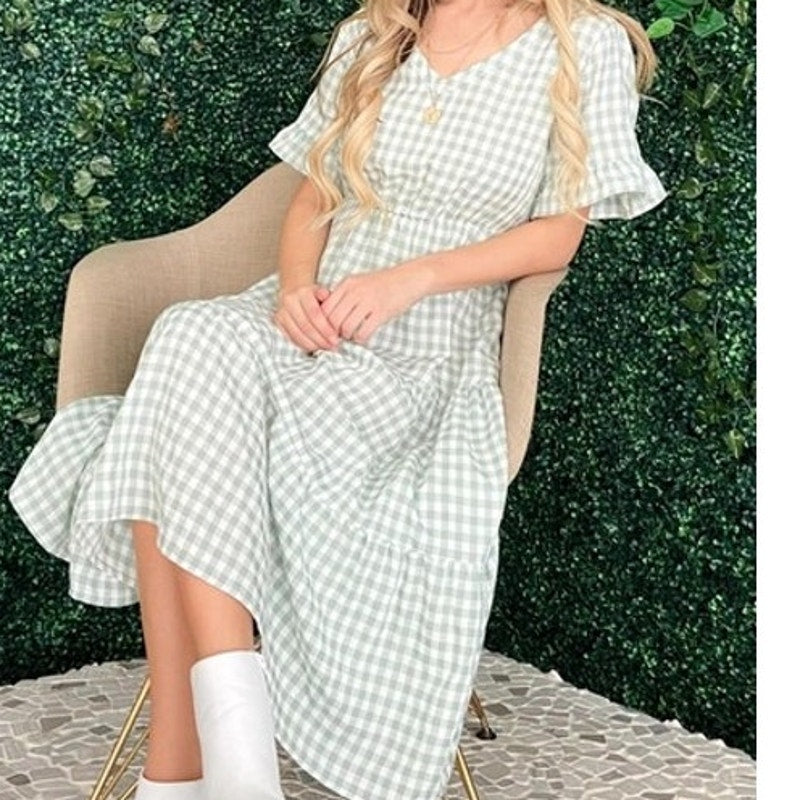 Gingham Check Print Summer Maxi Dress Green Gingham Check Print Summer Maxi Dress Green