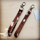 Hair on Hide Leather Key Chain Wristlet Strap Axis Brown White