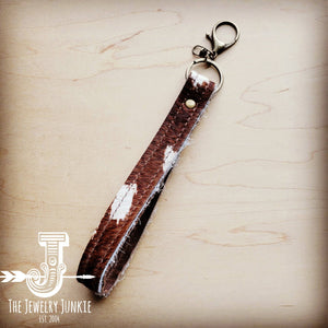 Hair on Hide Leather Key Chain Wristlet Strap Axis Brown White
