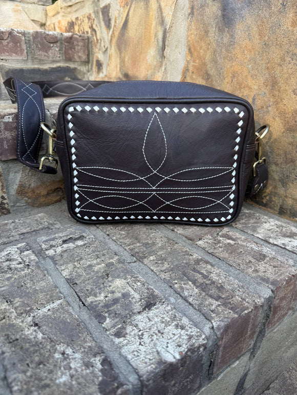 Countryside Co Boot Stitch Western Cowgirl Leather Shoulder Bag Purse Dark Brown