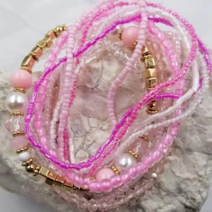 Seed Bead Stackable Bracelet Set Stretch Pinks White Clear Gold Beads