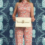 Broad Clutch | Cream Woven Vegan Leather with Bamboo Hardware
