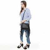Black Croc Embossed Leather Fringe Crossbody  Western Cowgirl Rodeo