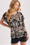 Embroidered Mesh Crochet Top - Black with Ivory Detail