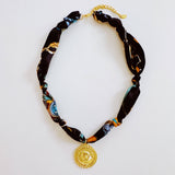 Luxe Print Medallion Pendant Scarf Necklace | Black
