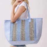 Nautical Stripe Paper Straw Tote Bag in Blue