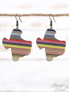 Yellow Serape Texas Leather Earrings, Copper