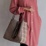 Dina Plaid Contrast Tote with Large Tassel Removable Pouch Black Grey