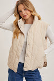 Button Down Quilted Puffer Vest with Pockets Creamy Beige