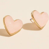 Heart Druzy Stone Stud Earrings - Peach Sparkle Statement Jewelry