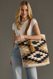 Cream Black Tan Western Tote Bag - Aztec Cotton Tote with Pom Tassel 17"