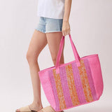 Nautical Stripe Paper Straw Tote Bag in Pink