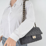 Quilted Denim Shoulder Bag Chain Strap Blue