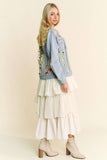 Floral Embroidery Mesh Denim Jacket | Sheer Panel Button-Front