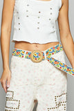 Floral Embroidered Circle Buckle Belt – Cream & Yellow Raffia
