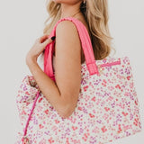Presley Puffer Nylon Quilted Tote Bag With Pouch Pink Floral