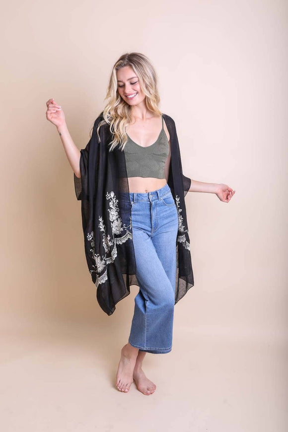 Lightweight Floral Embroidered Tassels Boho Festival Kimono Wrap Black