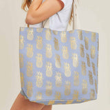 Gold Foil Pineapple Beach Tote Bag in Blue