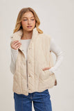 Button Down Quilted Puffer Vest with Pockets Creamy Beige