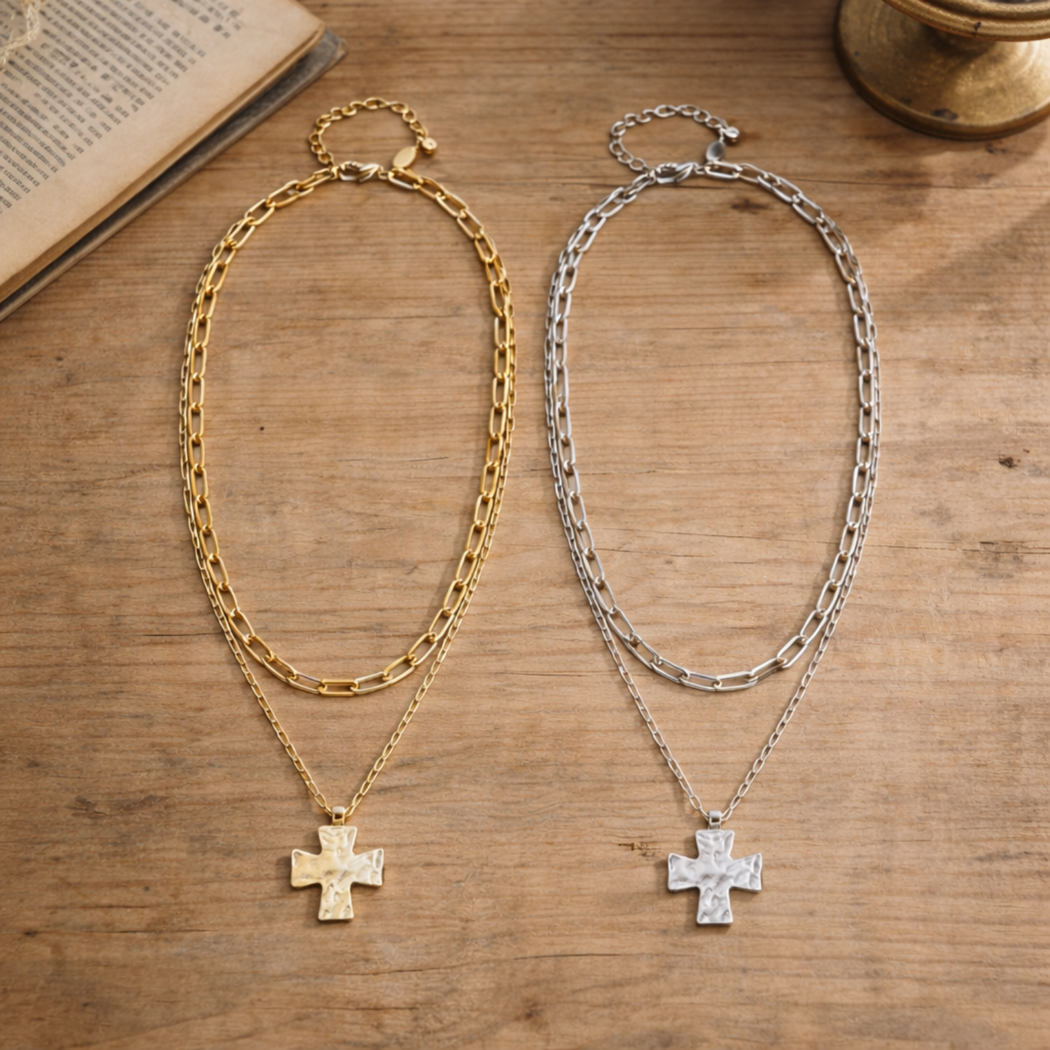 Layered Cross Pendant Mixed Chain Necklace – Gold