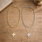 Layered Cross Pendant Mixed Chain Necklace – Gold
