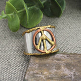 Mixed Metal Peace Sign Ring | Hammered Silver Band with Gold & Copper Boho Ring