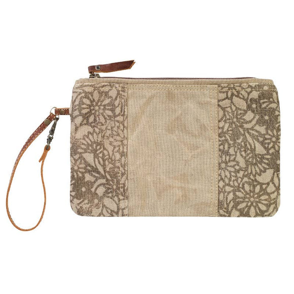 Floral Tan Canvas Clutch Wristlet
