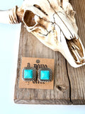 Turquoise Stone Square Stud Earrings — Western Brushed Silver