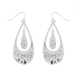 Bohemian Hammered Metal Open Teardrop Dangle Earrings Silver