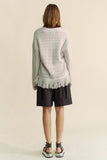 Fringed Textured Stripe Button Front Knit Cardigan Silver Grey