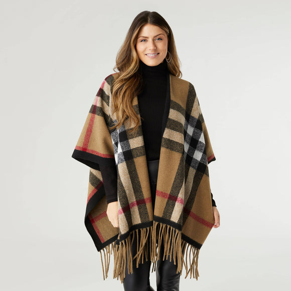 Jora Classic Plaid Wrap Shawl Ruana with Fringe Taupe