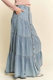 Denim Button-Front Ruffle Hem Maxi Skirt