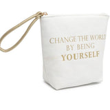 Printed Canvas Wristlet Cosmetic Make Up Bag Pouch Change the World Graphic