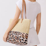 Woven Straw & Leopard Print Tote Bag in Beige