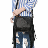 Black Croc Embossed Leather Fringe Crossbody  Western Cowgirl Rodeo