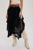 Boho Floral Lace Tier Midi Skirt Black