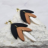 Leaf Shape Hinged Polymer Clay Earrings Brown Black White