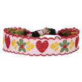 White Floral Embroidered Pull Bracelet – Heart & Flower Design Red