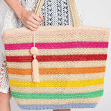 Pom Pom Tassel Rainbow Striped Straw Crochet Tote Bag in Pink