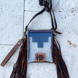 Shayne Small Hand Tooled Fringe Clear Crossbody Concert Stadium Bag Brown