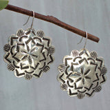 Western Cowgirl Textured Silver Flower Concho Dangle Earrings