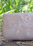 Livi Embossed Crocodile Print Dual Strap Crossbody Taupe Patent