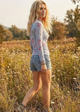 Floral Mesh Mock Neck Top — Aqua Blue
