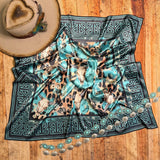 Western Longhorn Print Silky Wild Rag | 36x36 | Black & Turquoise