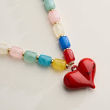 Colorful Beaded Heart Necklace | Multi-Color Barrel Bead Statement Necklace in Mauve