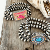 Western Navajo Style Pearl Stone Stretch Pendant Style Bracelet Concho