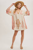 Boho Embroidered Babydoll Dress – Pink