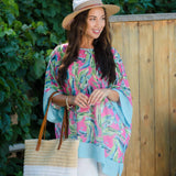 Lexi Boho Tropical Brush Sheer One Size Poncho Cover up Teal Pink