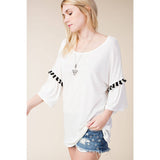 Loose Fit Bell Sleeve Kimono Top with Special Trims in Ivory